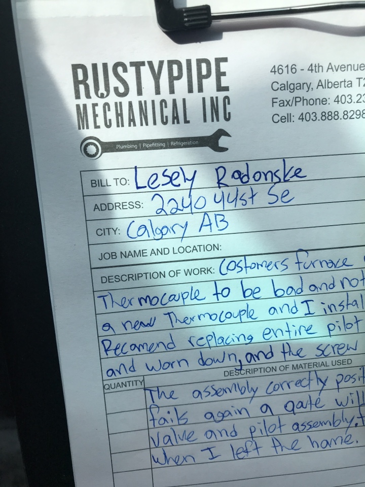 Thorncliffe, AB - Furnace pilot would not stay lit. Hvac technician required. Replaced thermocouple and tested furnace everything good Thorncliffe, AB - Furnace pilot would not stay lit. Hvac technician required. Replaced thermocouple and tested furnace everything good